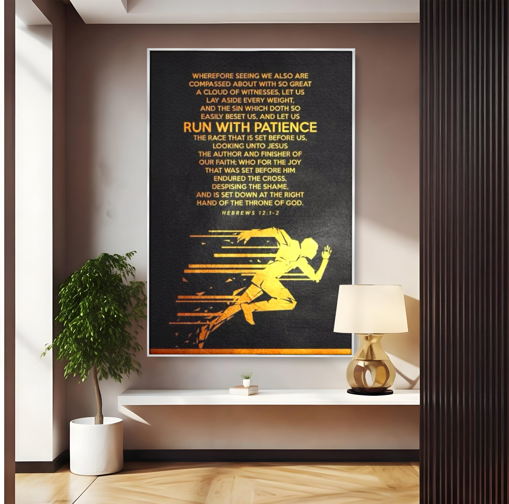 Tablou canvas cu tablou canvas cu alergator si verset biblic, in rama de aluminiu argintiu